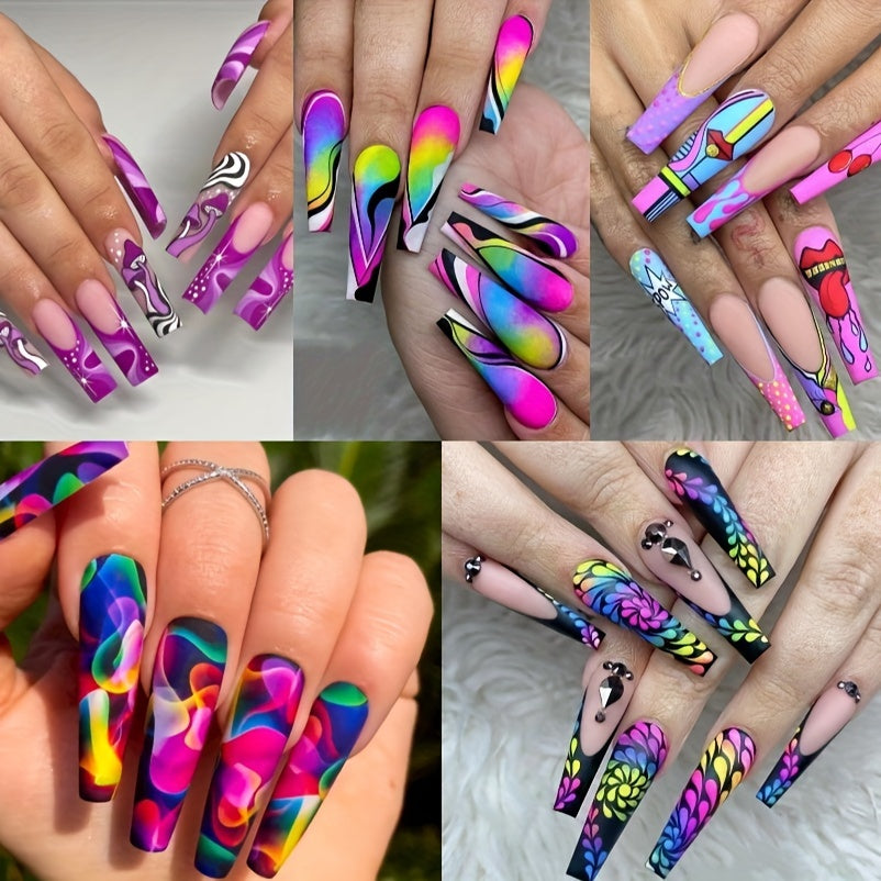 120pcs Acrylic Press On Nails Long Coffin Fake Nails with Nails Glue Long Ballet False Nails with Water Ripple Rainbow Designs Colorful Full Cover Artificial Nails Press Ons Stick On Nails 24pcs
